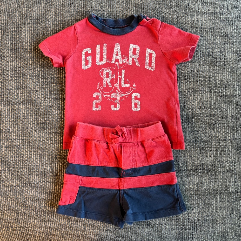 Ralph Lauren Lifeguard Outfit Set Navy Red Shorts Tee 9M - Picture 3 of 6